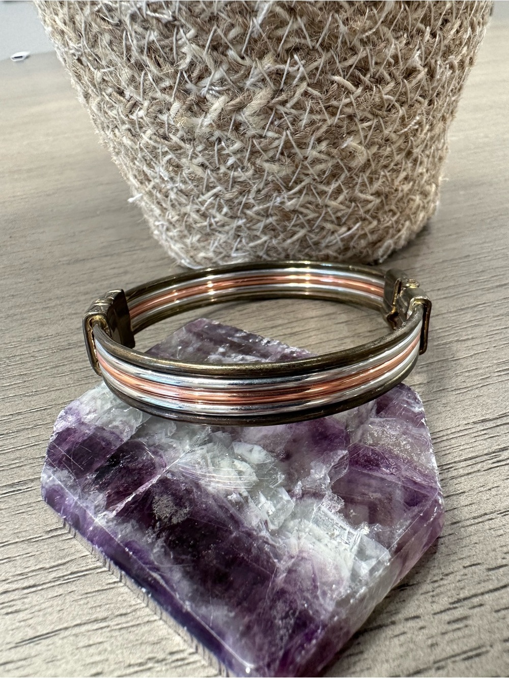 Tri-Tone Metal Bangle Bracelet - Rose, Silver & Gold